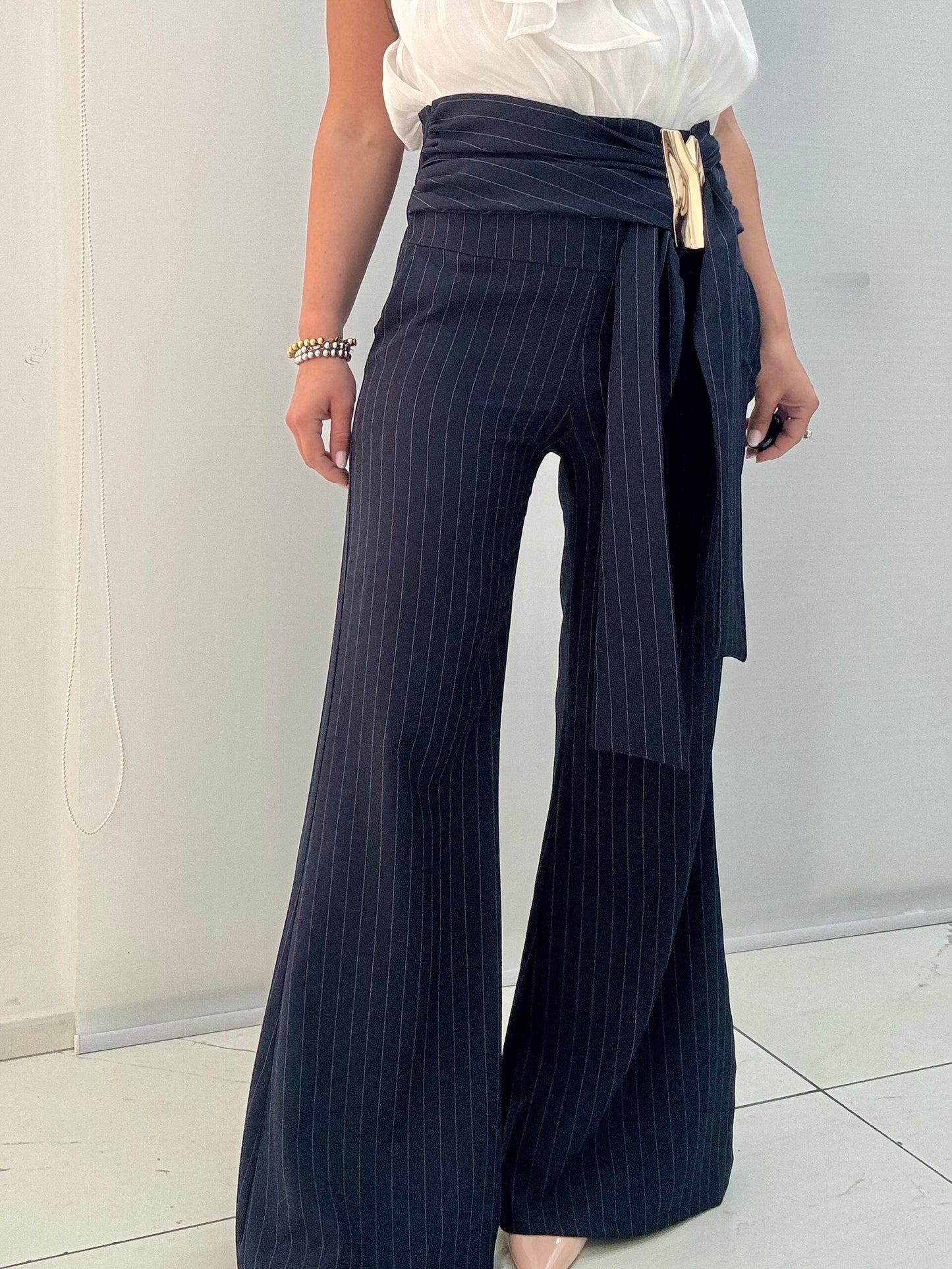 Pantalone Zampa Gessato Jewels Blu