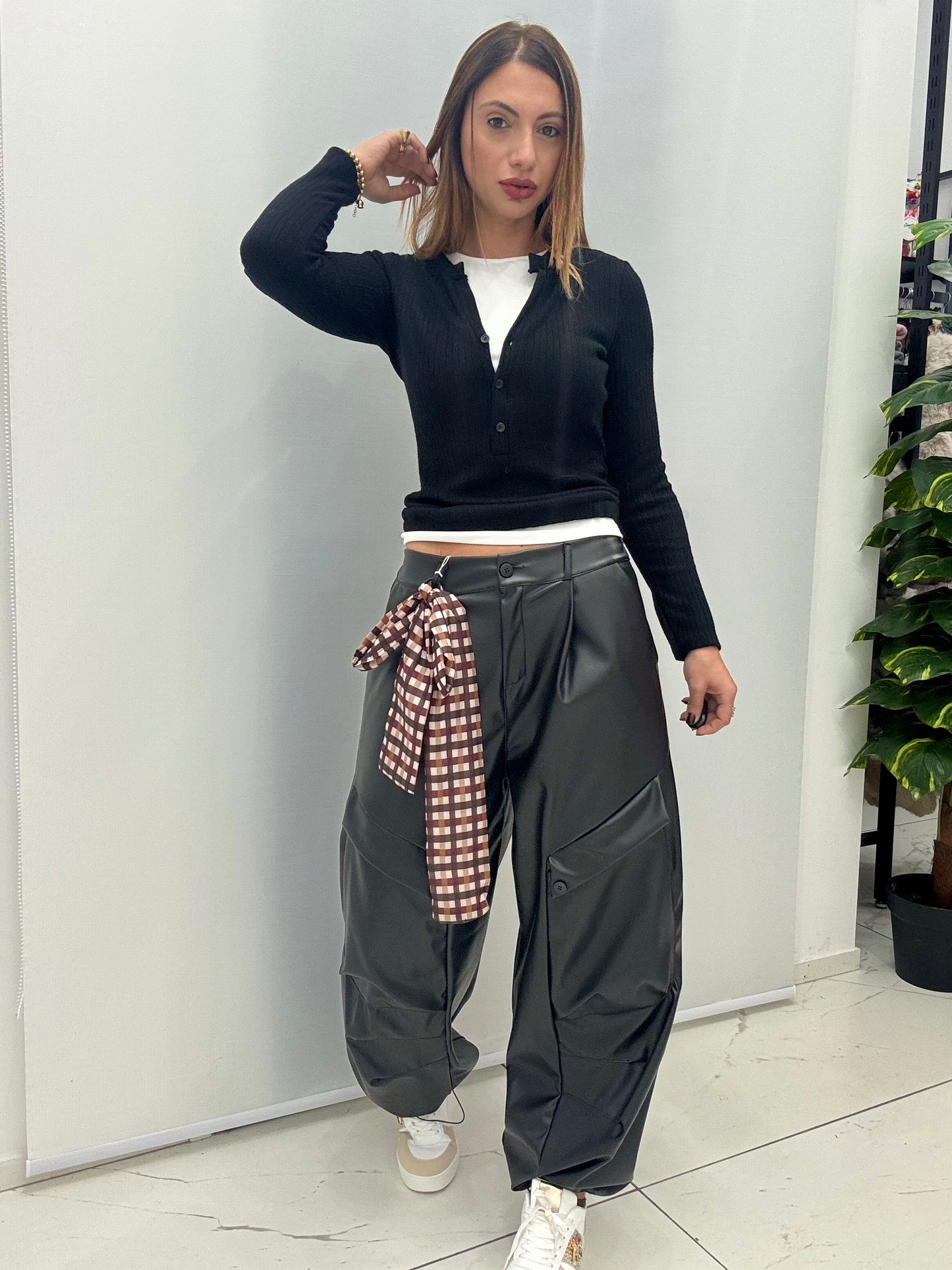 Pantalone Ballon Cargo Ecopelle Nero