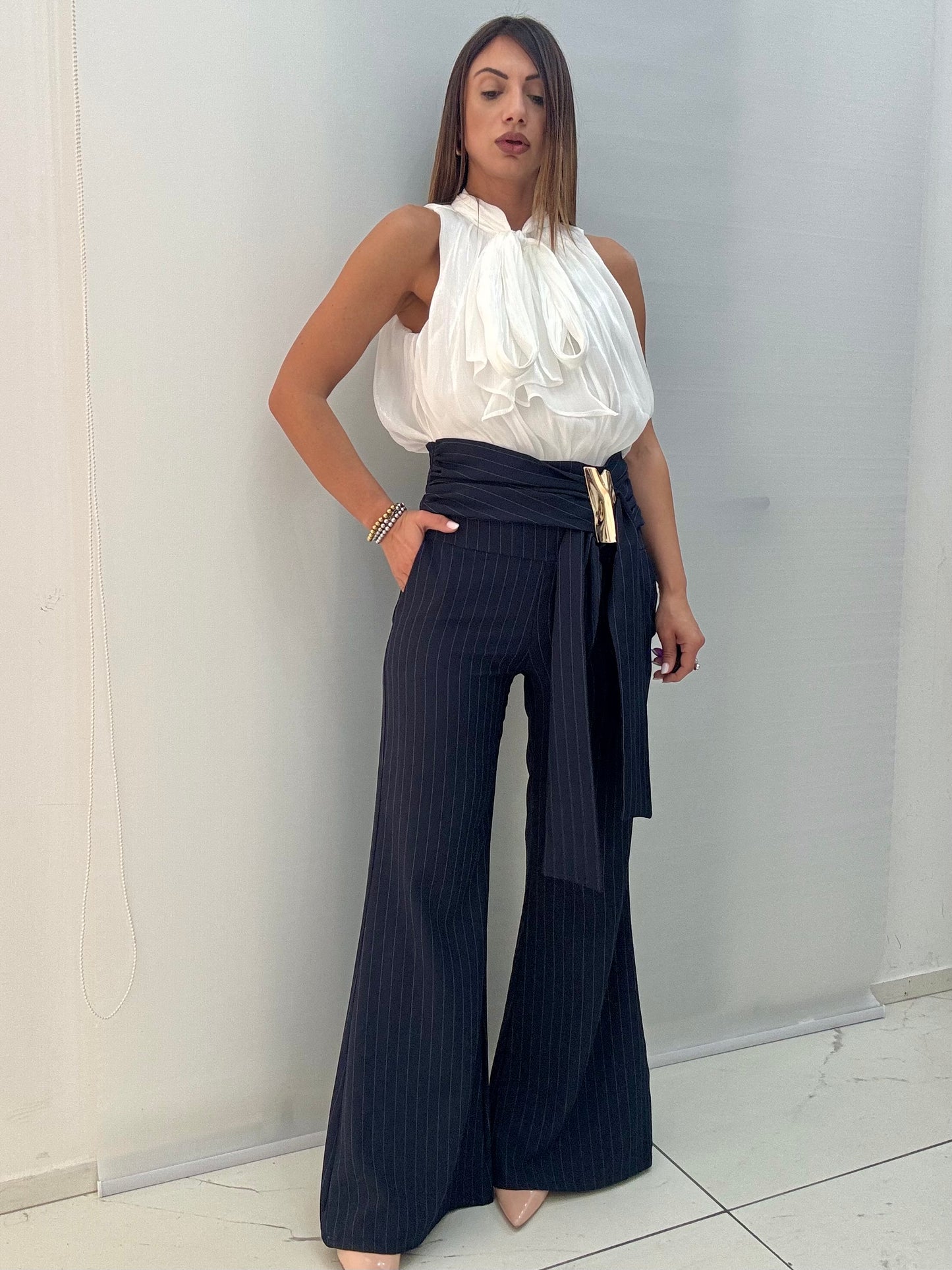 Pantalone Zampa Gessato Jewels Blu
