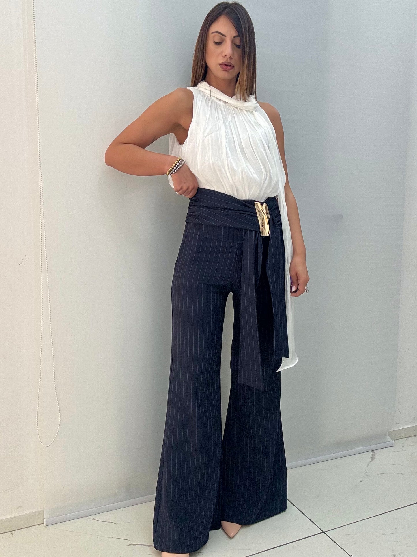 Pantalone Zampa Gessato Jewels Blu