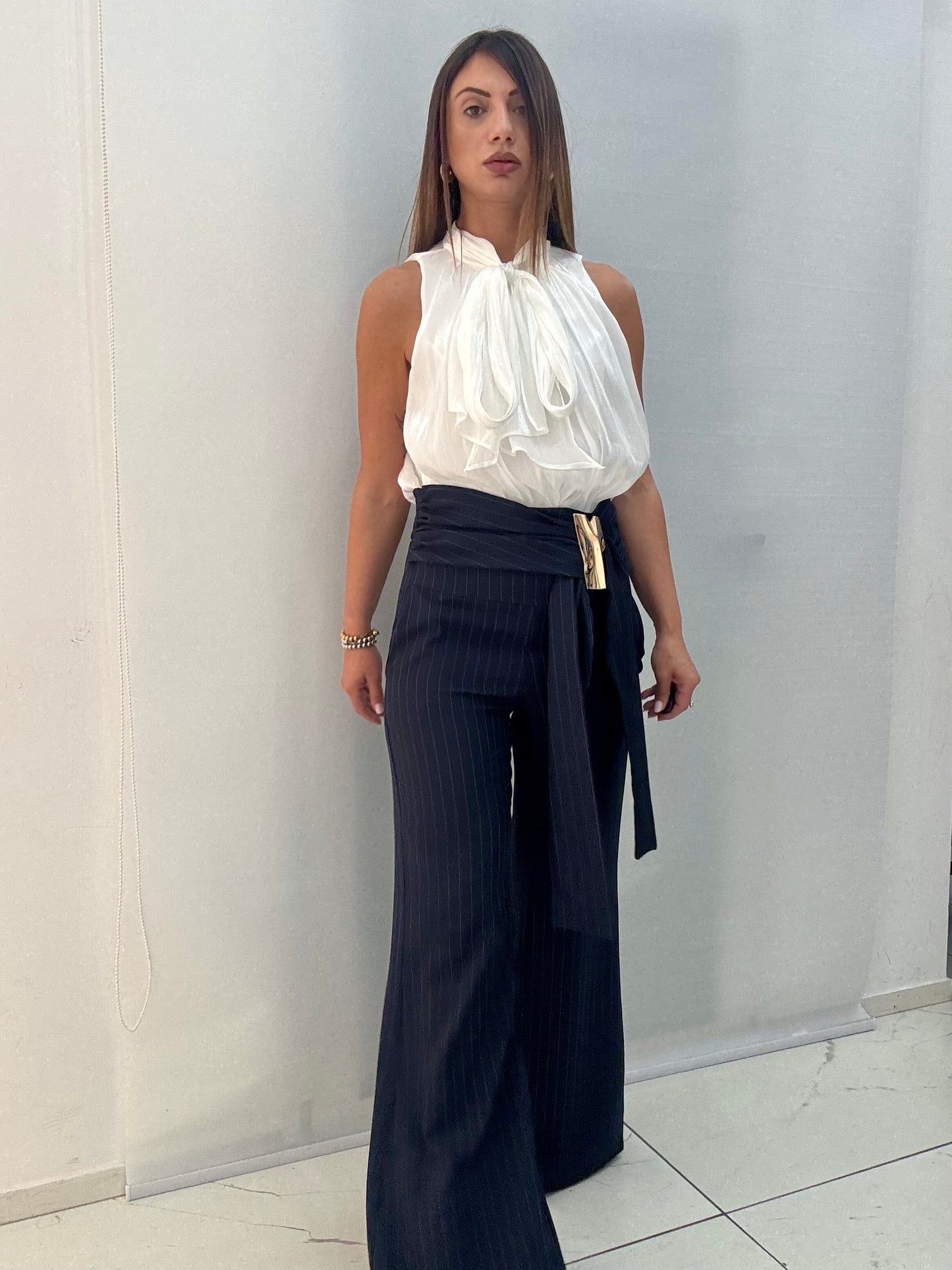 Pantalone Zampa Gessato Jewels Blu
